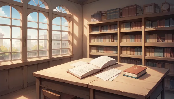 "A quiet and cozy high school library with shelves filled with books of various sizes and colors. There are a few wooden tables and chairs where students can sit and study, some with open textbooks and notebooks scattered around. Large windows allow natura...