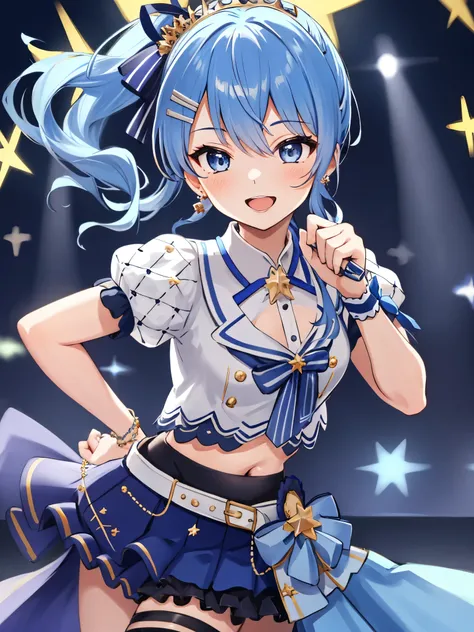 masterpiece, best quality, absurdres, 1girl, solo, Hoshimachi Suisei, light blue hair, blue eyes, happy, smile, parted lips, slender, sidelocks, sideponytail, toned, 
idol, idol clothes, hololive idol uniform, bowtie, blue skirt, brooch, dress, concert, on...