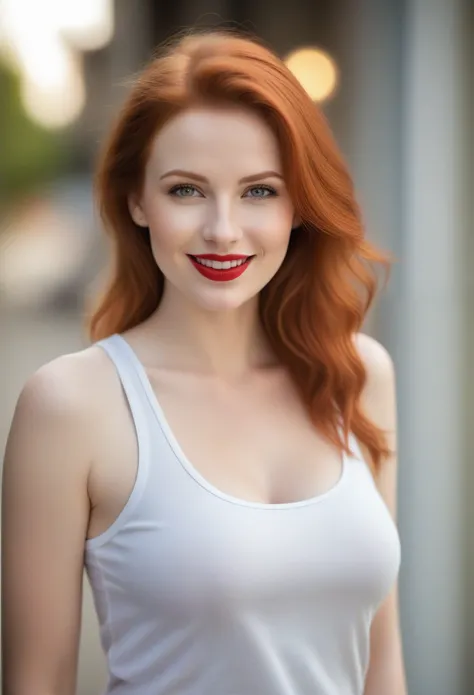 young Caucasian woman (((redhead))), (((eyes light grey))), thin face, full lips, (red lipstick), ((basic makeup))), large big and natural breasts, medium hair, seductive smile, wearing a (basic and white tank top by GAP), subtle skin texture, bokeh effect...