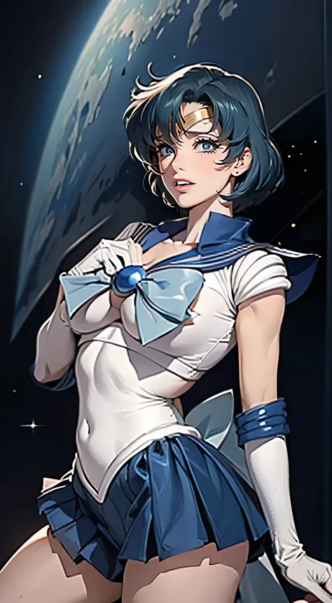 masterpiece, Highest quality, Absurd, Perfect Anatomy, One person,chest,gloves,lips,alone, Sailor Mercury,blue eyes,uniform,Mel 1,tiara,Sailor Warrior Uniform,masterpiece,Absurd,Cowboy Shot, Dynamic posture, The background is space (Amazing details, Excell...