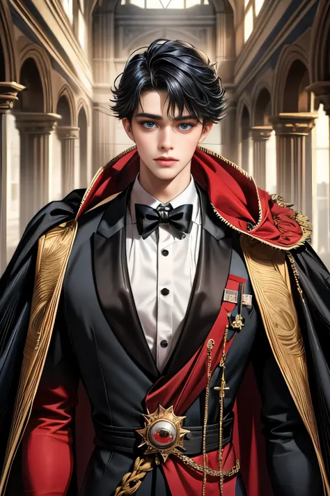 masterpiece, 最high quality, high quality, 1 boy, alone, Male focus, Upper Body,Watching the audience, Messy black hair, Adorable big blue eyes, White, Noble, Noble,A black and red cape that is bursting with sexy volume、Tuxedo、A very voluminous, large, very...