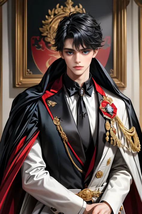 masterpiece, 最high quality, high quality, 1 boy, alone, Male focus, Upper Body,Watching the audience, Messy black hair, Adorable big blue eyes, White, Noble, Noble,A black and red cape that is bursting with sexy volume、Tuxedo、A very voluminous, large, very...