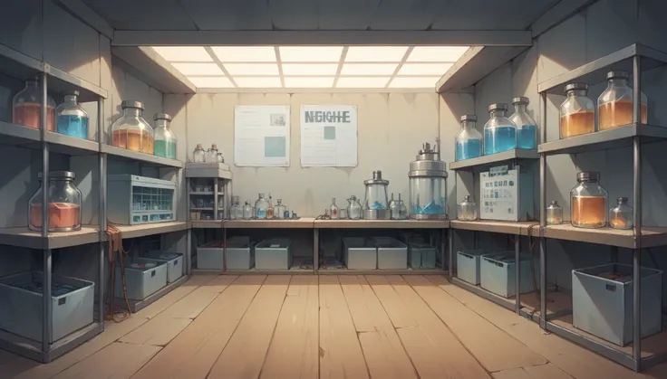 "A high school science lab with lab benches and stools arranged in rows. The room is equipped with various scientific instruments like microscopes, beakers, and test tubes, all neatly placed on the benches. Shelves along the walls hold jars of chemicals an...