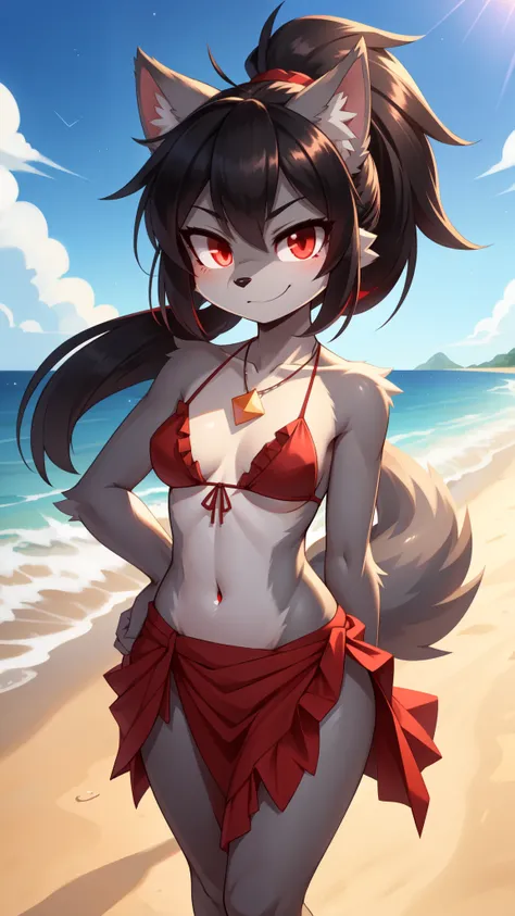 score_9,score_8_up,score_7_up, source_cartoon, source_furry, furry girl, wolf, black hair, punk hairstyle, huge long spiky ponytail, anime style, ((small breasts, flat chest)), red eyes, ((deep red bikini ruffled triangle, high cut bottom, star necklace, d...
