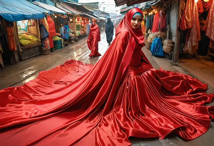 a woman shrouded in a 9-meter-long, plush red satin cloth, tightly bound and grandly draping along the form of her body, flowing...