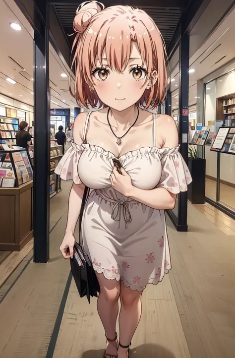 yuiyuigahama, yui yuigahama, short hair, (Brown eyes:1.5), (Pink Hair:1.2), Hair Bun, single Hair Bun,Big Breasts,smile,blush,Open your mouth,Off-the-shoulder dress,Exposing shoulders,bare clavicle,Bare neck,Rocket Pendant,mini skirt,Cute heeled sandals,Wa...