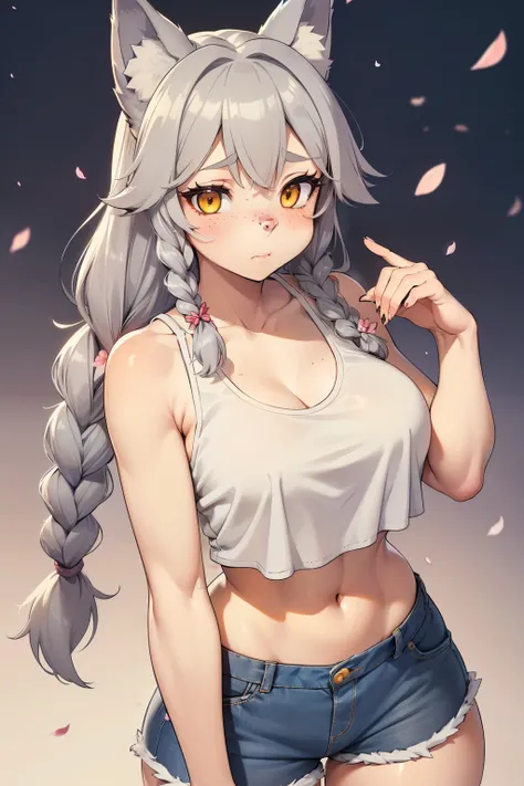 Beautiful round medium breasts, 1 girl, ((Gray hair, Beautiful long braid, braid decorated with petals)) ((wolf girl, Cute furry wolf ears)) light yellow eyes, has a beautiful sensual body with freckles, with full breasts and thin waist, HIP HOP Cute and c...