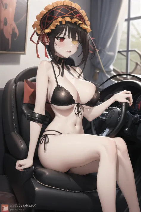 masterpiece, Best Quality, absurdities, KurumiBase, (clock eyes), heterochromia, two tails, hair band, lenceria sexy, steering wheels, blushing, seductive look, big tits, bikini, in a room