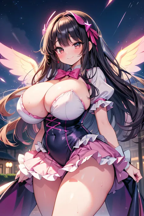 Hentai、High resolution、smile、Her breasts are super big、Pretty Cure、An evil, voluptuous, fallen magical girl poses obscenely with her legs spread on the school grounds at night.、Colorful magical girl dresses with frills、Perfect proportions、Cowboy Shot、Fatty...