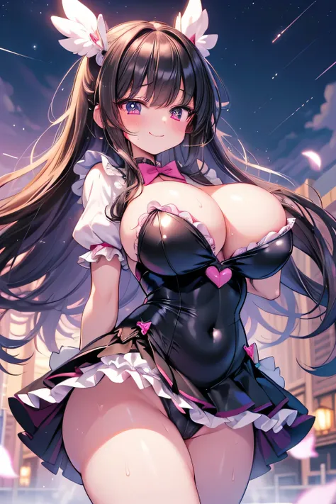 Hentai、High resolution、cruel smile、Her breasts are super big、Pretty Cure、An evil, plump, fallen magical girl poses with her legs apart on the school grounds at night.、A lewd black magical girl dress with frills、Perfect proportions、Cowboy Shot、Fatty thick l...