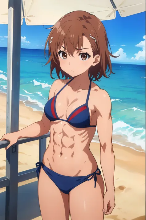 (masterpiece, best quality, 8k:1.2),Very detailed, (anime:1.1), misaka_mikoto, brown hair, short hair, hairpin, , medium breasts, 1girl, bikini, ((six pack abs:1.12)), in the beach