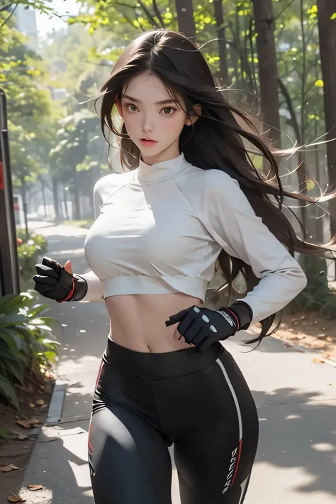 score_9、score_8_up、score_7_up、score_9、score_8_up、score_7_up、woman、Long brown hair、White skin、Green Eyes、Red sports bra、Black biker pants、forest、Black fingerless gloves、running、Sweat、Run、Refreshing