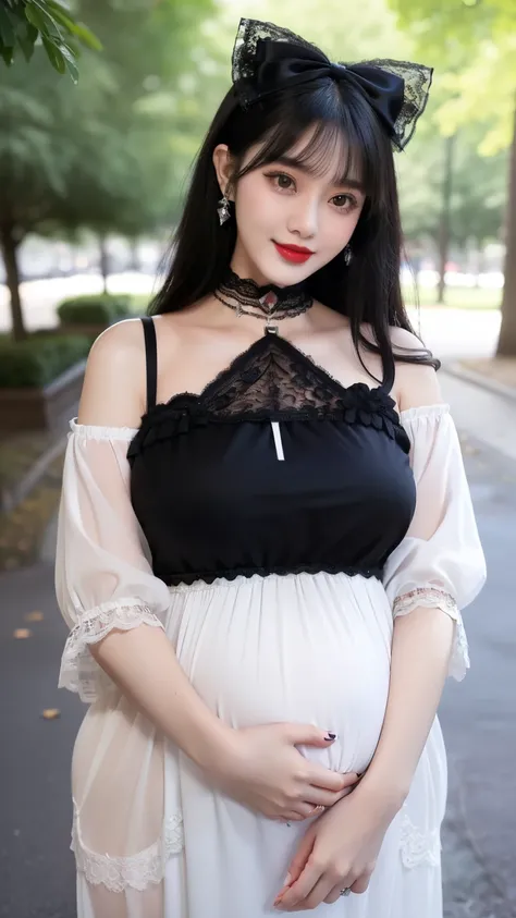 woman((20 year old)), hair((black, full bangs, straight)), eyes ((black eyes, big eyes)), ((sleepwear, lace trim)) accessories ((chocker, diamond, hairbow)), big breast, gigantic breast, holly breast, red lips, pregnant belly, wide smile, happy face, stand...