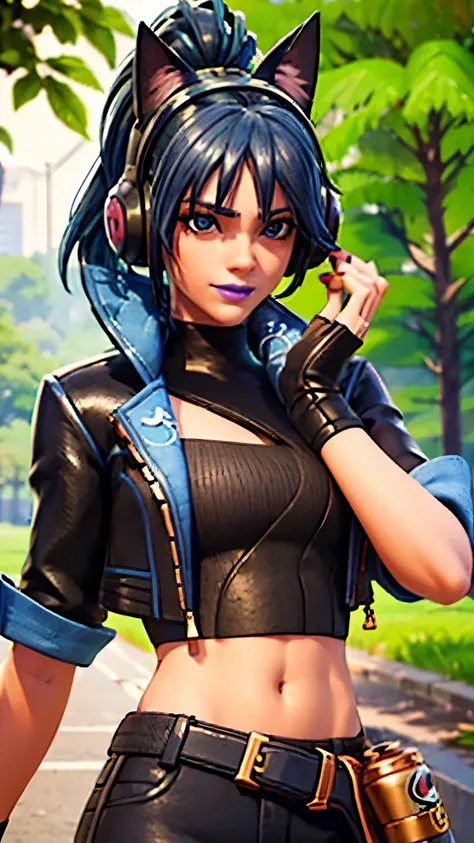 forest background, 1girl, solo, heroichopefn, heroic hope from fortnite, (crop top, black top, open clothes), (jacket crop top, ...