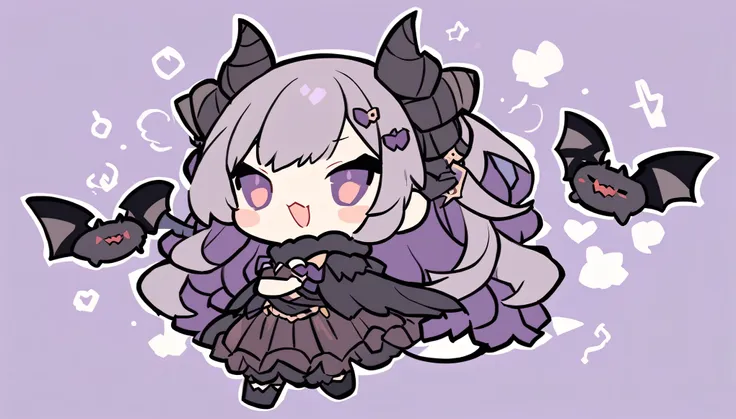 chibi doll（black sheep horns、there is a hair ornament on the corner、bat wings、devil&#39;s tail、embarrassed blushing smile、double...