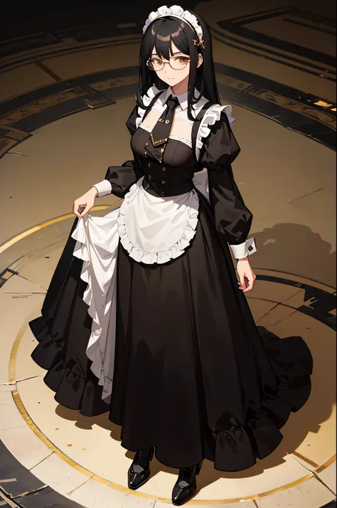 1woman, black hair, gold eyes, glasses, maid, standing on ground, high res, ultra sharp, 8K, masterpiece