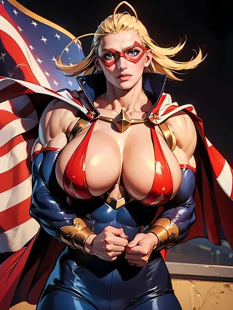 Masterpiece, (Massive female bodybuilder), (Huge Breasts:2), domino mask, american flag print, striped bodysuit, red cape,starandstripe, antenna hair