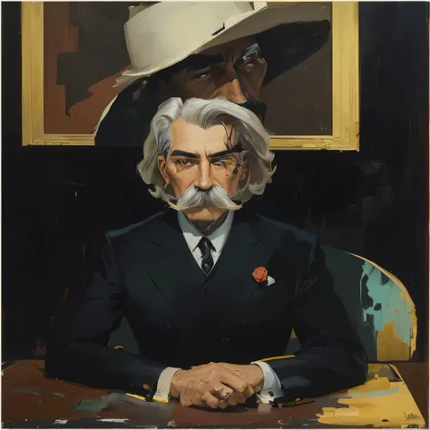 a painting of a man with a mustache and a suit, By Oswaldo Guayasamin, centered portrait, Jean Dupaz, portrait of a man in suit, Panoramic view focused on the subject, inspired By Oswaldo Guayasamin, painting of a man, Inspired by Józef Pankiewicz, Inspire...