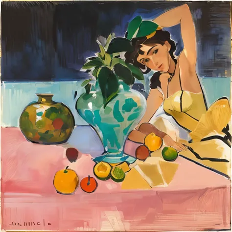 A woman sitting at a table with a vase of fruit, アンリ・Matisse, Matisse, done in the style of Matisse, inspired アンリ・Matisse, John Marin, By Suzanne Valadon, still life, By Raul Martinez, Arshile Gorky, By Roy de Maistre, By Carlo Carra, Enrique Grau