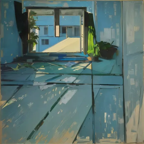 Painting of a blue room with a window and green apples, Diebenkorn, inspired リチャード・Diebenkorn著, リチャード・Diebenkorn著, by Richard Carline, アルベルト・Giacomettiに触発されて, Inspired by Peter Lanyon, ジョヴァンニ・Giacomettiに触発された, ディエゴ・Giacomettiに触発された, Giacometti, Inspired by...