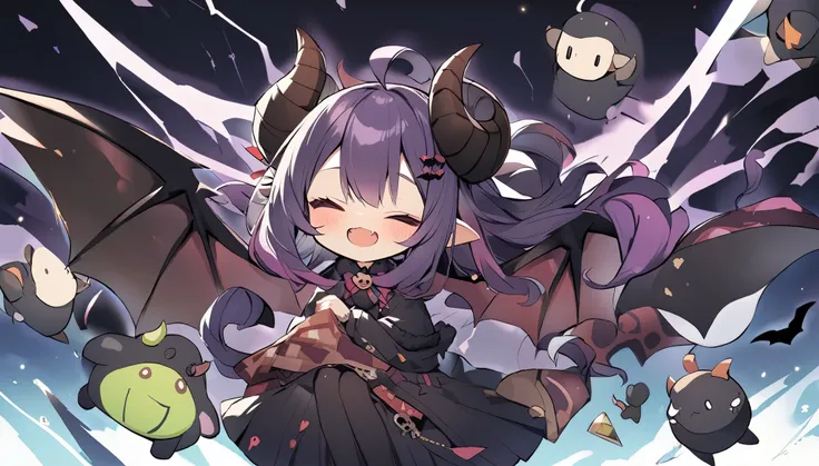 One little guy、 Black sheep horns、bat_wings、Devil&#39;s Tail、、Bobcut、Blunt bangs、Black Hair、Red eyes、black sclera、Embarrassed blushing smile、Himesode、Goth fashion in red, white and black、chain_choker、Cute anime face、cinematic angle