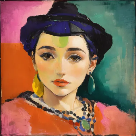 A woman wearing a hat and necklace, Matisse, アンリ・Matisse, fauvism, done in the style of Matisse, fauvism style, inspired アンリ・Matisse, Portrait of a womans face, neo - fauvism, neo-fauvism, Inspired by Vanessa Bell, Portrait of a womans face, Inspired by Em...