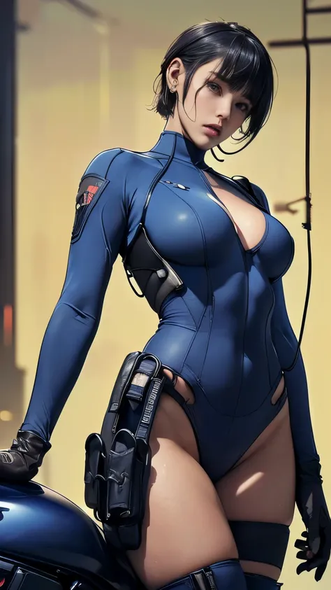 (A woman),(((A female member of the Future Force rides a motorcycle))),((Navy blue tactical high leg bodysuit:1.5)),((earphone:1.5)),((Tactical Holster:1.5)),(Gloves:1.5),(Serious:1.5),(Super short hair:1.5),(bionde:1.5),(beautiful eyes:1.3),(Very detailed...