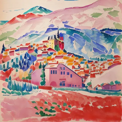 Colorful village painting with mountains in the background, fauvism, fauvism style, Matisse, magical fauvism, Fauvist, neo-fauvism, neo - fauvism, Inspired by Kuno Amie, Inspired by Samuel Peploe, アンリ・Matisse, neutral color neo - fauvism, Pink Landscape, i...