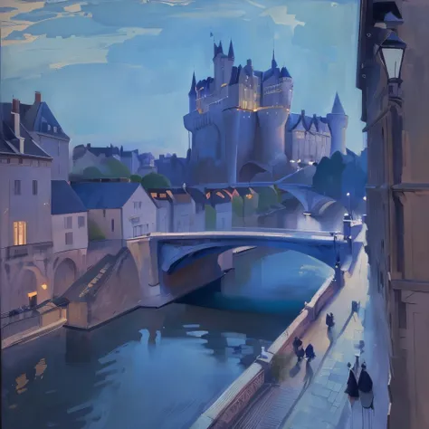 A bridge over the river、A picture of a castle in the background, inspired Albert Marquet, By Samuel Peplau, Albert Marquet, inspired By Samuel Peplau, by Kamisaka Sekka, By Jean Dufy, Cityscape, By Nicolas de Stael, Evening Light, Inspired by Abraham Arkhi...