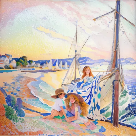 Painting of a woman and child on a beach with a sailboat, inspired By Paul Signac, inspired Henri＝Edmond・クロスによる, Henri＝Edmond, By Paul Signac, Henri＝Edmond・クロスによる, Matisse, Albert Dubois＝By Pile, At the beach, Henri・Matisse, Pointillism, Coastal, Inspired ...