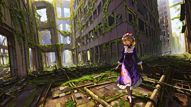 {yakumo_yukari_touhou:1.15},long shot of a girl standing in the ruins of a high-rise building,ivy-covered ruins,(((ruins of a bi...