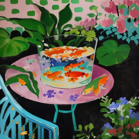 Painting of a vase with goldfish and a blue chair, done in the style of Matisse, By Annabel Kidston, inspired アンリ・Matisse, Matisse, Gouache on canvas, Inspired by Walas Ting, inspired by David Hockney, Inspired by Raoul Dufy, Inspired by Janet Fish, アンリ・Ma...