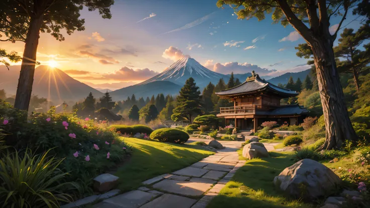 a futuristic pod home in a japanese garden, fairytale view with dramatic mountain range, rocks plants flowers shrubs bushes trees moss lawns grass mushrooms fireflies,colourful sunset and strong sunbeams,very hazy,extreme details,photorealistic,4k,HD,beaut...