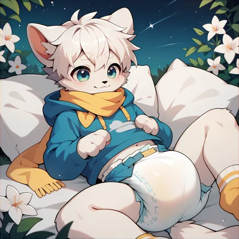 furry，A cute white cat boy，White hair，（Wear white diapers），Yellow scarf，Short white socks，Blue Hoodie，Starry Sky，White flowers in the meadow，Wet diaper，protrait photo，HD