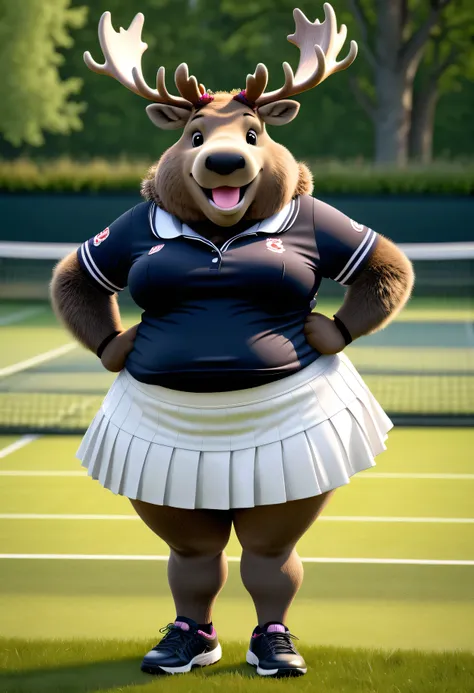 photorealistic portrait of Dressed animals - a ((fat)) (moose) tennis player,(hands on hips:2.0),(furry),(elegant pose:1.5), high quality,(lovely smile:1.5) ,intricate detailed frills and ribbon, highly detailed (Gothic tennis wear),short skirt, sox and te...