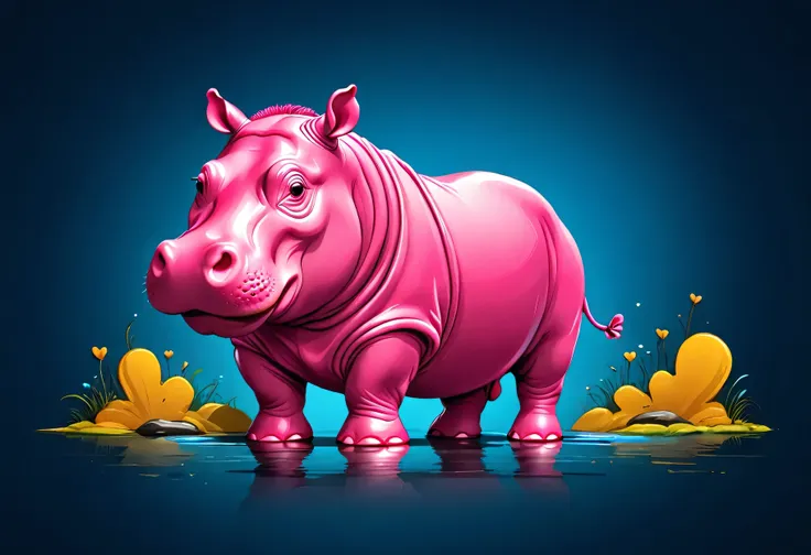 t-shirt design, illustration of pink hippo,(viewed from side:1.5),(happy atmosphere),(full body image:1.5), high quality,(lovely...