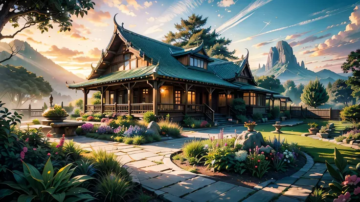 a futuristic modern home in a thai garden, fairytale view with dramatic mountain range, rocks plants flowers shrubs bushes trees moss lawns grass mushrooms fireflies,colourful sunset and strong sunbeams,very hazy,extreme details,photorealistic,4k,HD,beauti...