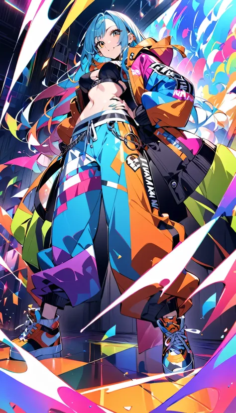 MAKE ME A MATURE FEMALE ANIME CHARACTER NAMED "NAMI" WEARING HIP-HOP CLOTHES, AND HIP-HOP FLOOR PANTS. WITH A BACKGROUND OF SCATTERED ABSTRACT COLORS.