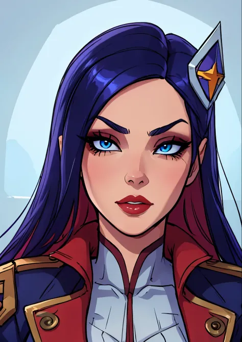 masterpiece, best quality, 1female, beautiful, face portrait, deep makeup, lipstick, face focus, battle academia caitlyn, 1girl, multicolored hair, hair ornament, blue eyes