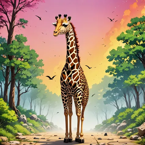 a sad-looking kawai giraffe stands near some stones while the forest catches fire around it