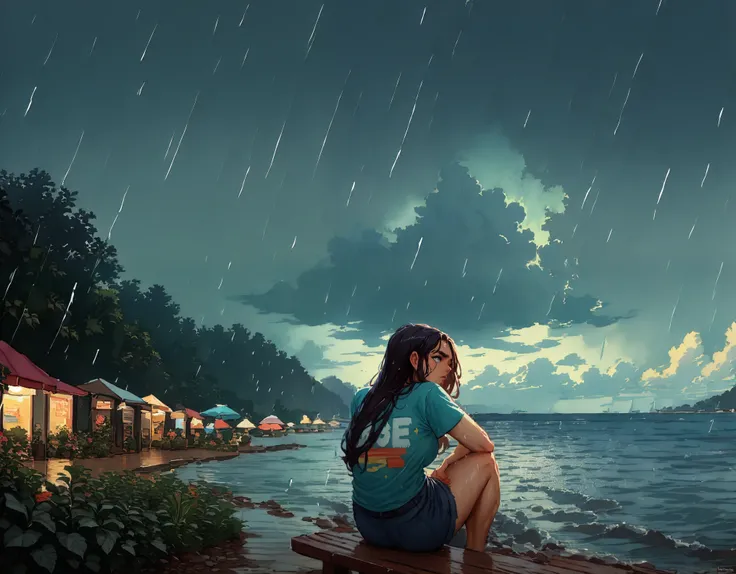 (1 girl) (masterpiece, best quality) (woman in a colorful graphic designer t shirt) (sitting on a lake beach), , , , (stormy dark sky, raining) , extreme detail
((Melancholy emotions:1.4)), , large dark eyebrows wide chin
(Huge Breasts covering entire tor...