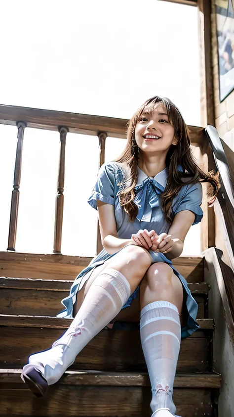 (woman walking down the stairs:1.2、squint your eyes and laugh)、(wearing a frilly dress:1.4、((wearing over-the-knee socks:1.5)))、...