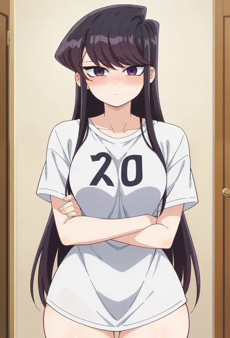 score_9, score_8_up, score_7_up, source_anime,
komi shouko,
1girl, ((shy)),
black hair, long hair, purple eyes, ((xl t shirt)), ...