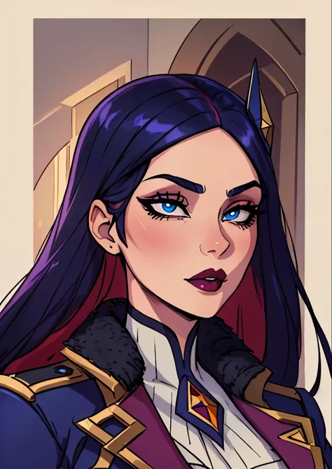 masterpiece, best quality, 1female, beautiful, face portrait, deep dark makeup, lipstick, face focus, battle academia caitlyn, 1...