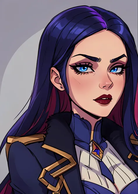 masterpiece, best quality, 1female, beautiful, face portrait, deep dark makeup, lipstick, face focus, battle academia caitlyn, 1...