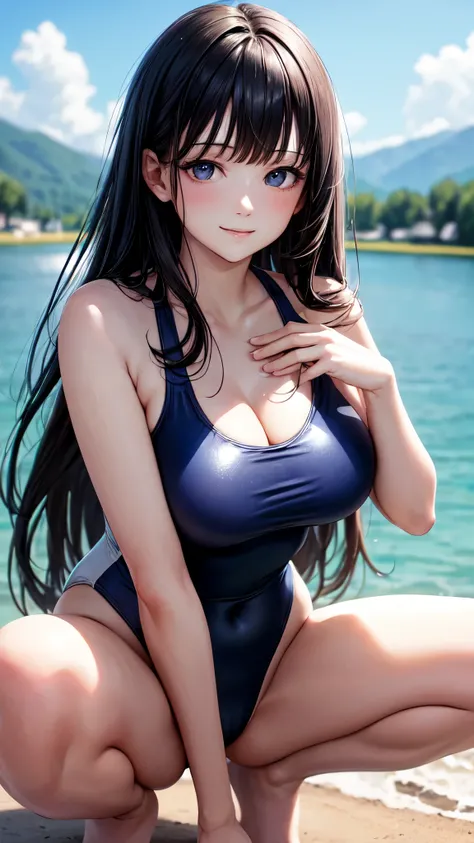 ((masterpiece,best quality,ultra detailed,high resolution)),(daytime,clear weather,natural ligit),((solo)),(woman),(black hair,long hair,straight hair,blunt bangs),(beautiful face,beautiful eyes),(finely detailed skin,fair skin),light smile,(competition sw...