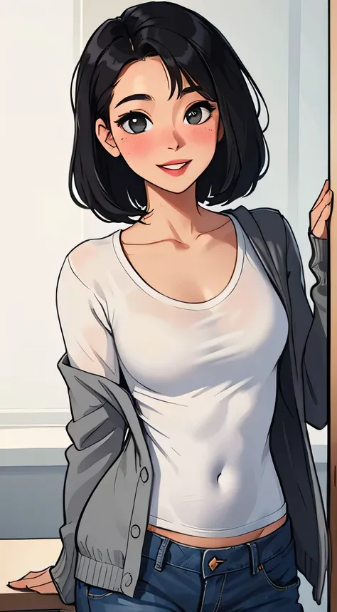 Amazing portrait of a sexy woman wearing her long straight luscious black hair, seductively gazing and smiling, soft lips, parted, blushing intensely, smiling, white t shirt, grey cardigan, baggy jeans, medium chest, perfect body