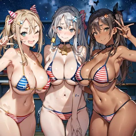 (masterpiece), Highest quality, (colorful:1.1), (Three people, Group shot:1.4), (the body is slim:1.1), (Huge boobs:1.5), (Dark Skin:1.1), (logic:1.1), blonde, Silver Hair, Twin tails, (Leaning forward:1.4), (Open your mouth, smile:1.1), (Wink:1.4),peace s...