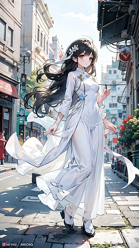 full body illustration, white ao dai (vietnam long dress), town, shop, black hair, hair flying in wind, warm tone, brown eyes, w...