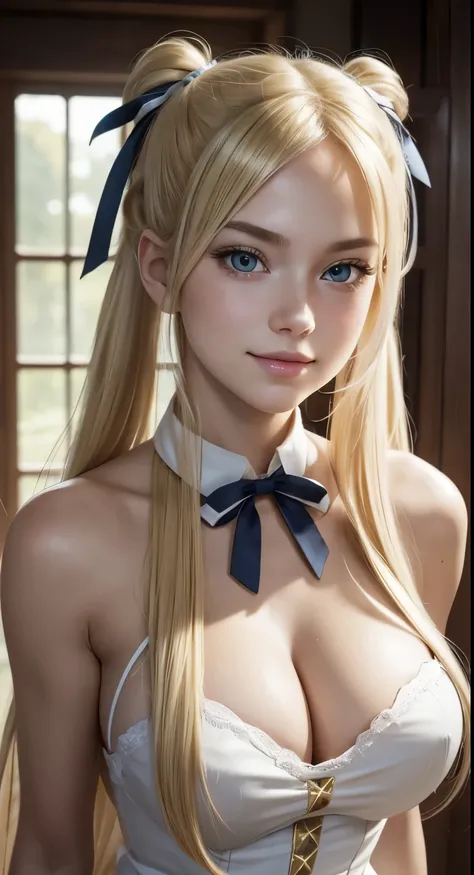 angela balzac costume, blonde eyes, pale skin, blonde hair, twintails, very long hair, hair ribbon, tsurime, Hyperrealism, Realism, UHD, anatomically correct, masterpiece, textured skin, accurate, high quality, highres, best quality, 8k, cheeky smirk, glea...